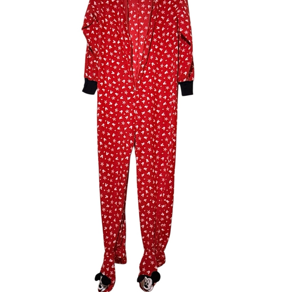 Disney Mickey Mouse Footed Onesie Pajamas Red Fleece Adult Size L - Picture 3 of 5